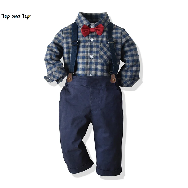 top and top Toddler Kids Boy Casual Clothes Set Long Sleeve Plaid Shirts+Suspenders Pants Boys Gentleman Suit 2PCS Outfits