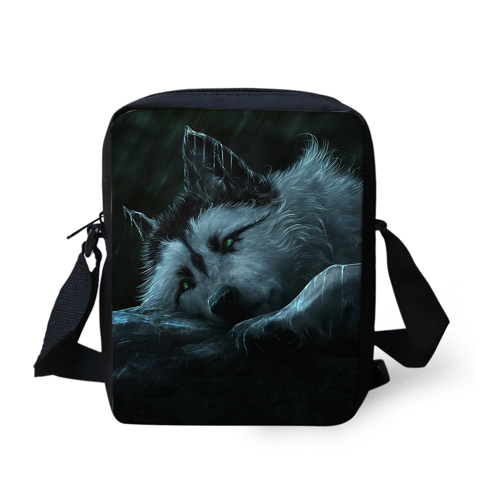 Bolsos de mensajero con estampado de lobo de fantasía para mujer, bolso cruzado para niñas, bolsos cruzados de moda de animales de dibujos animados, Mini monedero con solapa