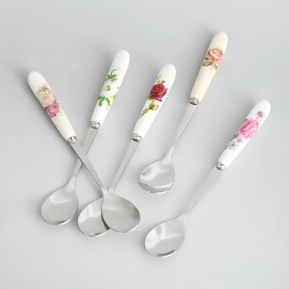 1pc Cute Rose Flowers Stainless Steel Mini Coffee Spoon Kitchen Tea Spoon With Long Handle Ceramics Ice Cream Dessert Teaspoon