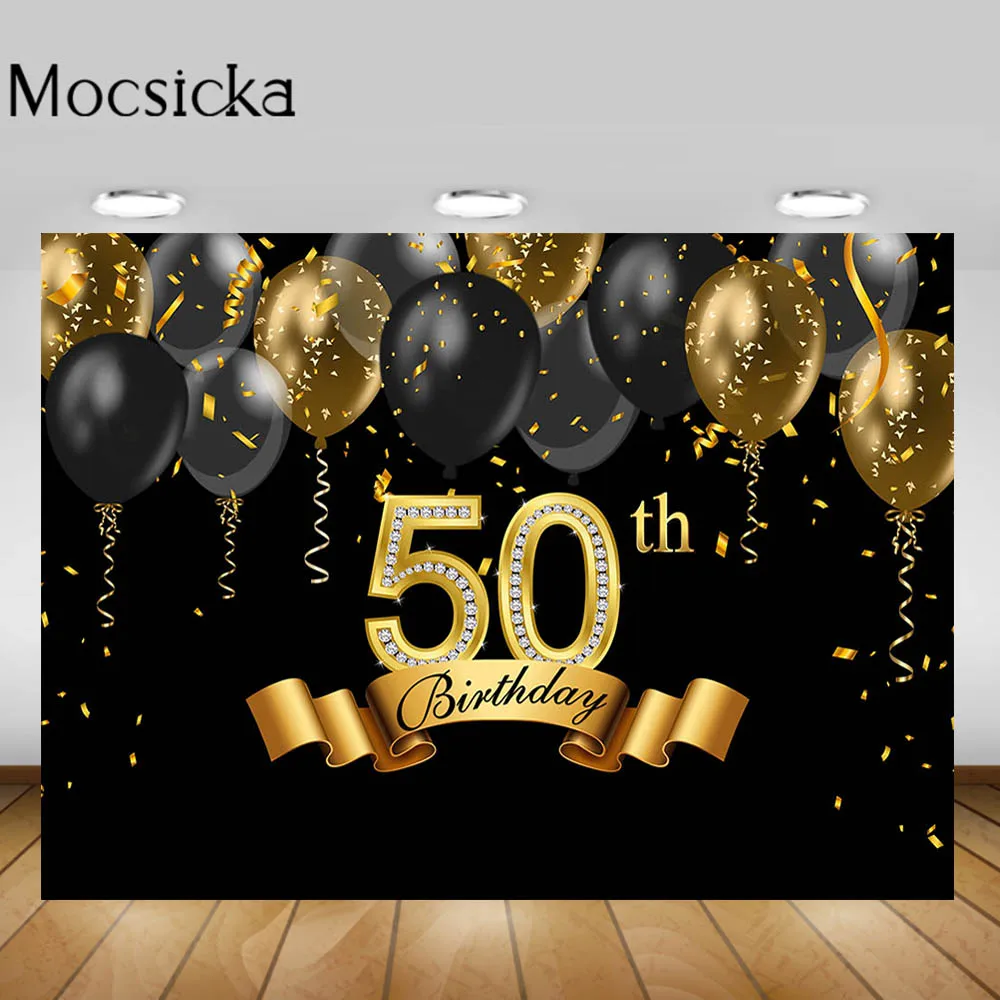 

Mocsicka Happy 50th Birthday Party Backdrop for Photography Gold Black Balloon Women Birthday Decoration Photo Background Banner