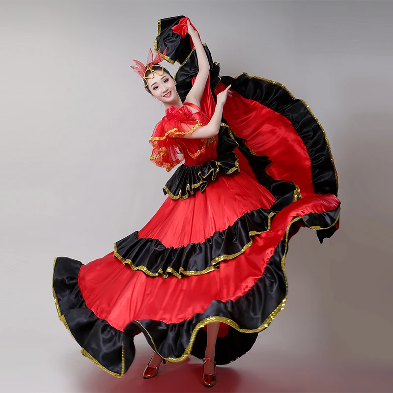 Fato de dança espanhola adulto, saia flamenca, dança de abertura, grande balanço, saia cigana vermelha, performance de palco