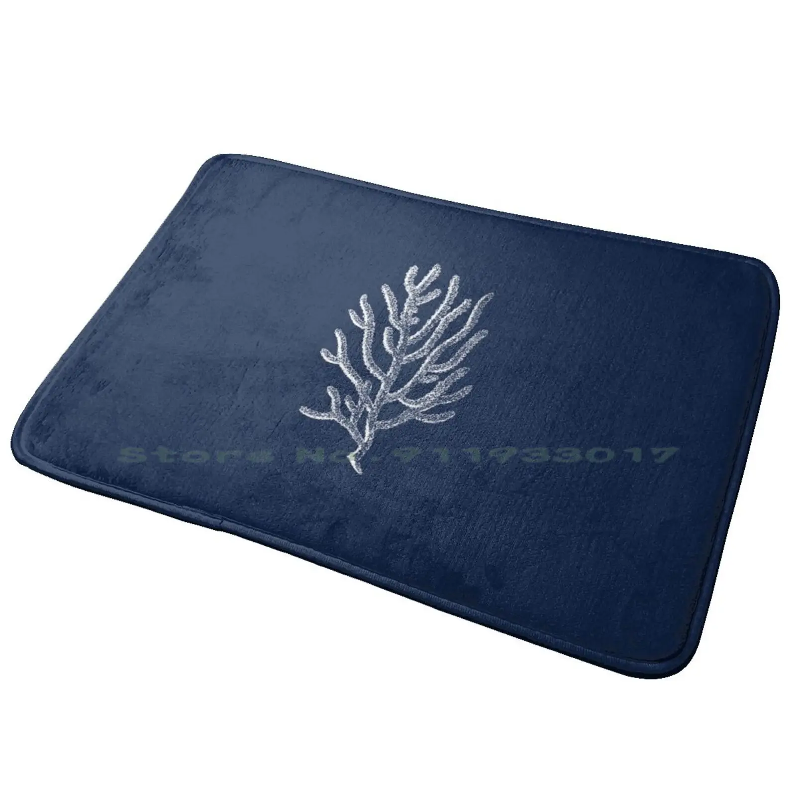 White Coral Illustration On Navy Blue-Tasteful Minimalist Beach House Design Entrance Door Mat Bath Mat Rug White Navy Blue