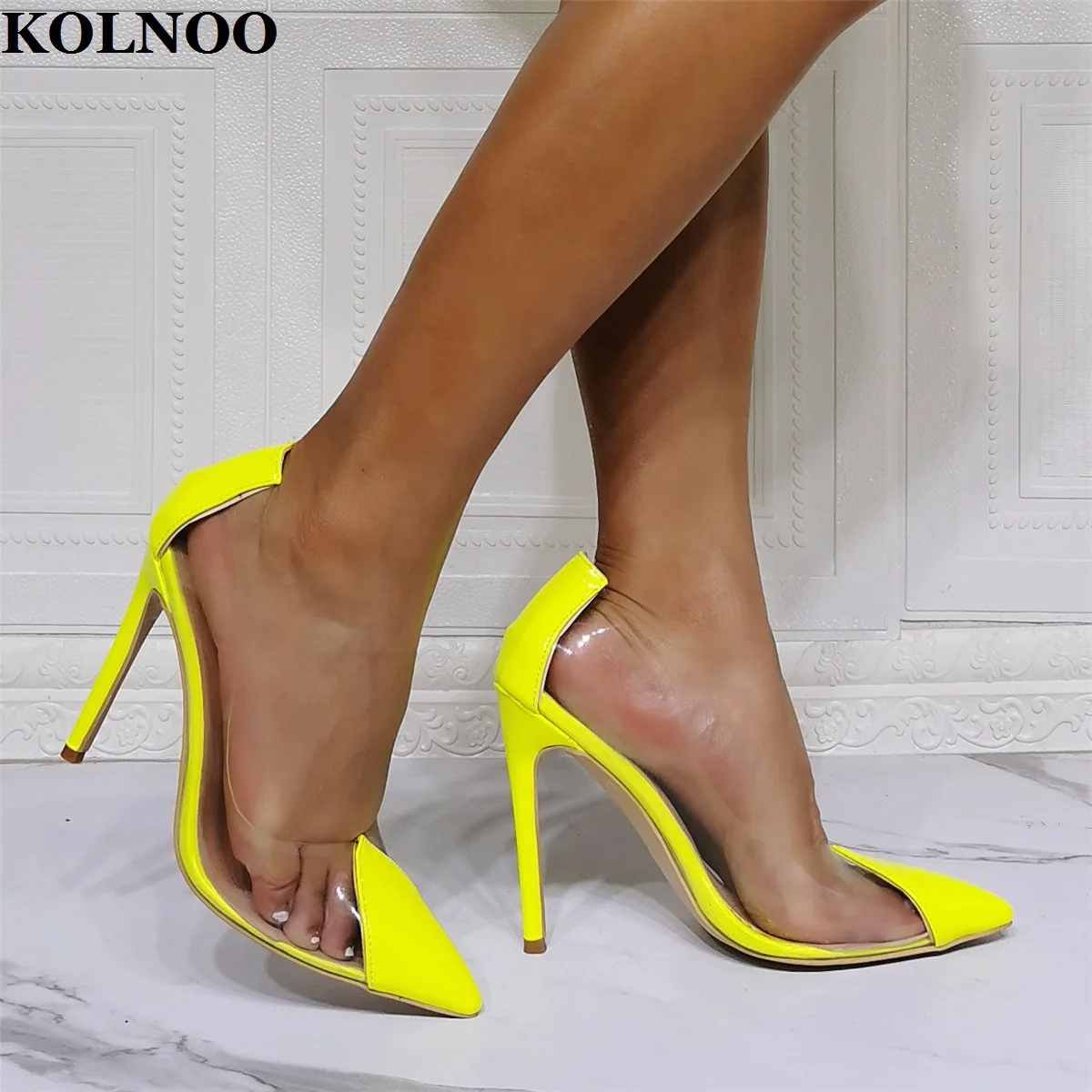 

Kolnoo New Arrival Womens High Heels Pumps Real Pictures PVC Patent Leather Party Prom Shoes Slip-on Evening Fashion Court Shoes