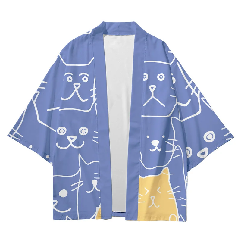 

Cute Kitten Printed Yukata Men Women Fashion Cardigan Blouse Haori Obi Asian Clothes Harajuku Japanese Cosplay Kimono