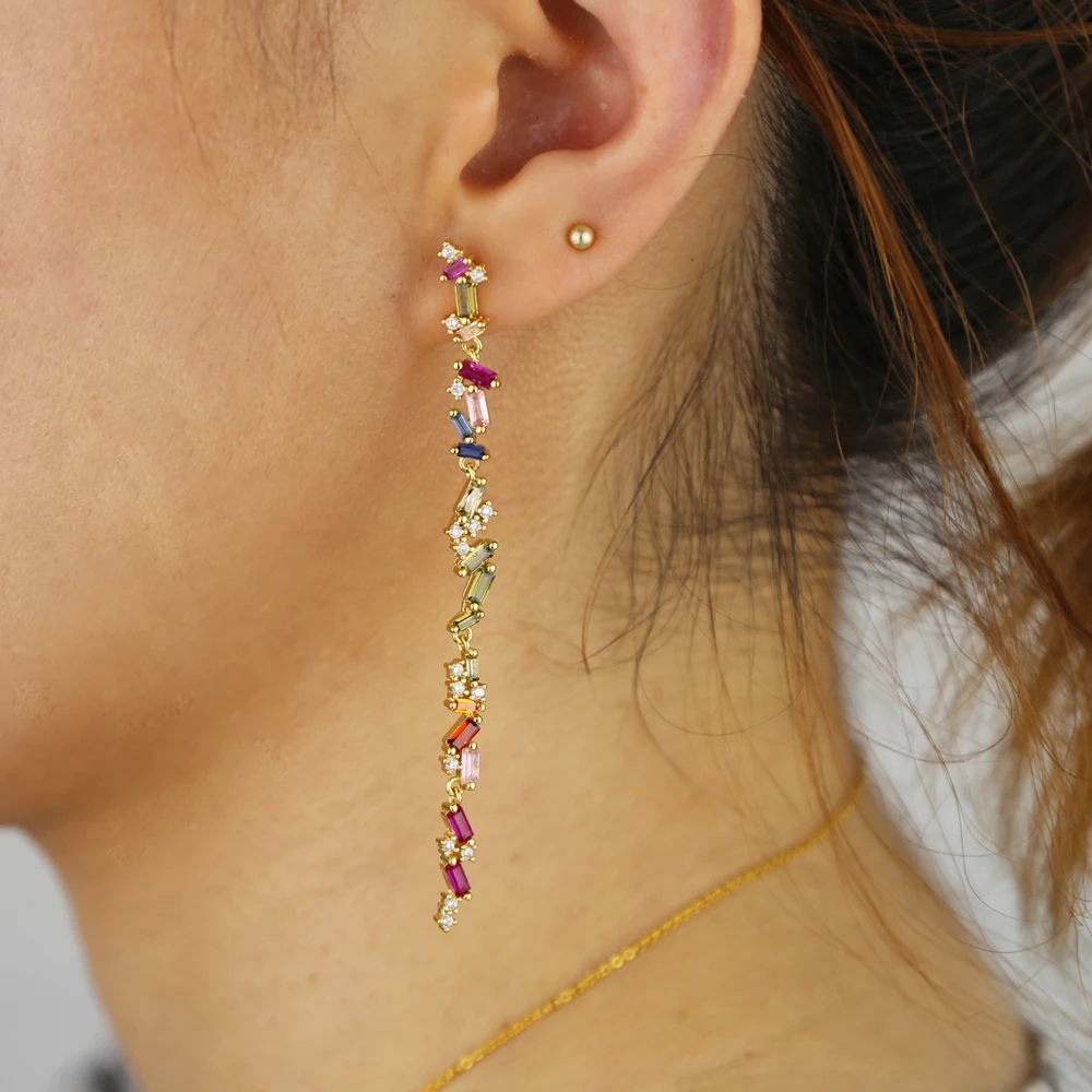 Christmas jewelry Fashion 75mm Long Tassel cz Earrings for women girl rainbow CZ Chain Earring Brincos Bijoux