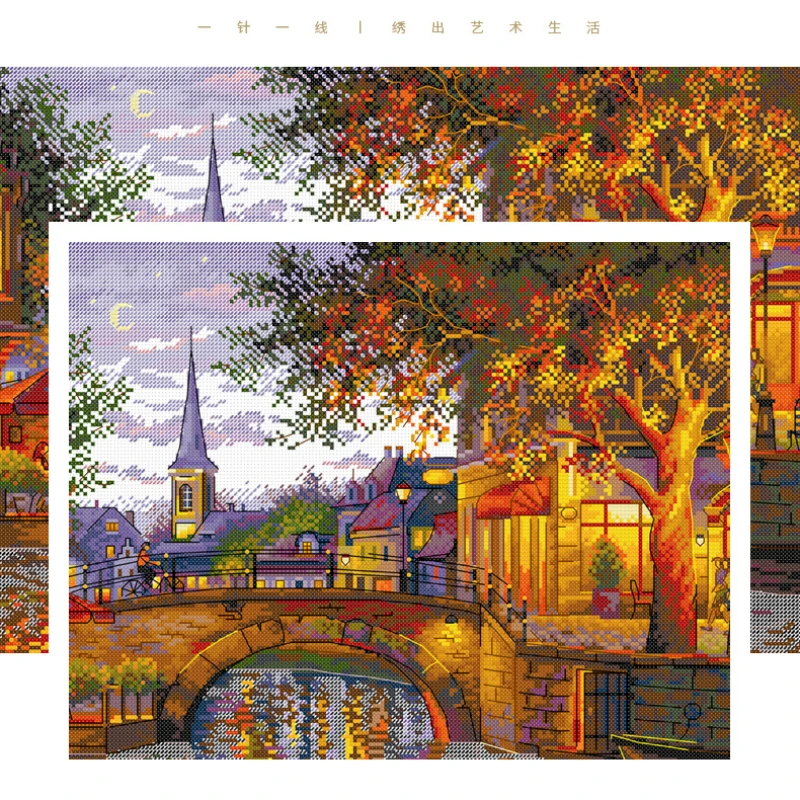 Cross Stitch Kit, Beautiful Landscape Painting of European City Lights at Night, Cross Stitch Kits, Kist de punto de Cruz