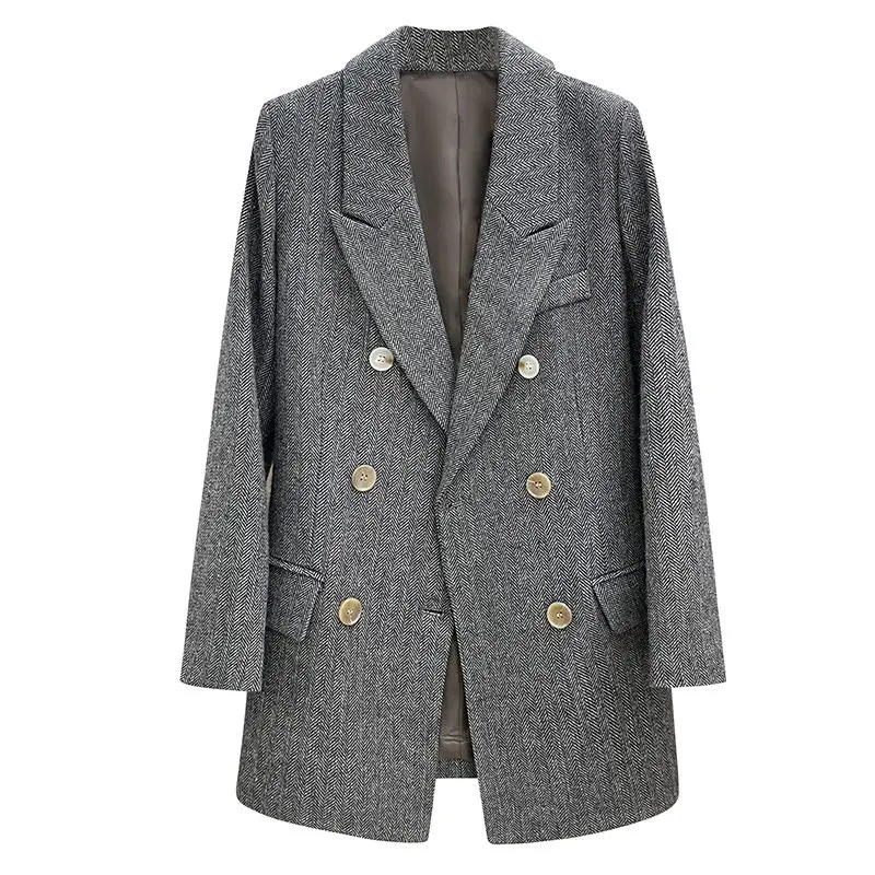 Grey Herringbone Woolen Suit Jacket For Fall/Winter 2021 New High-Quality British Blazer Women Fashion Double Breasted Outerwear