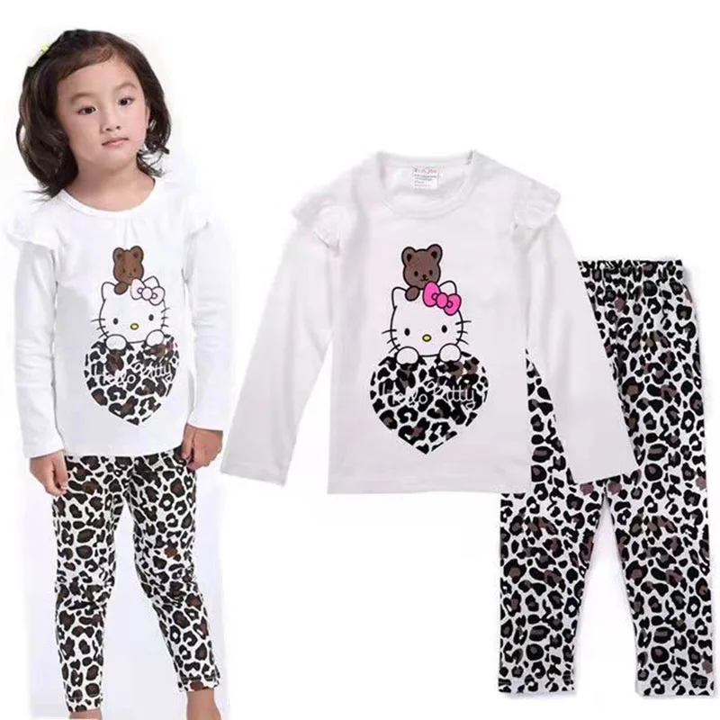 Hello Kitty Girls Spring and Autumn New Cotton Long-Sleeved Home Service Children\'s Cartoon T-shirt +Pants Pajamas Underwear Set