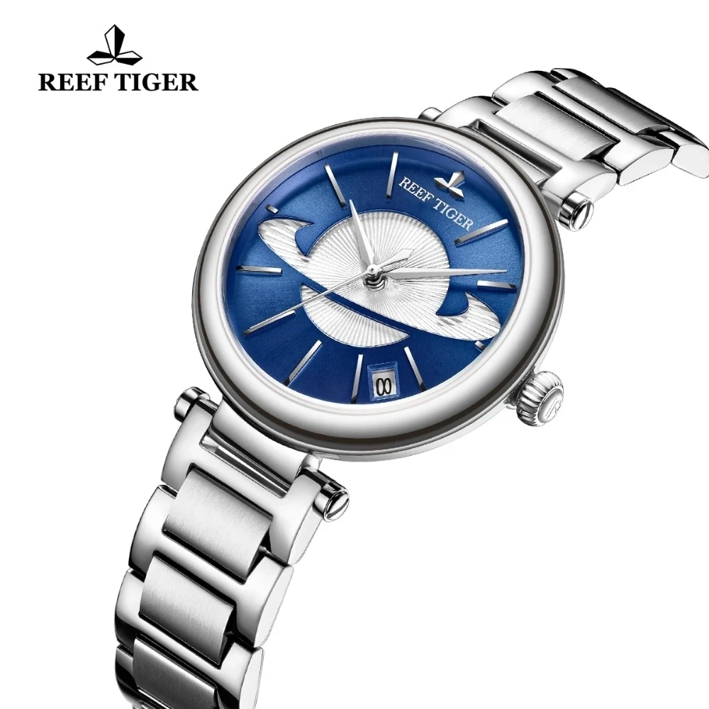 Reef Tiger/RT Fashion Blue Women Watch Luxury Steel Exquisite Watch Brand Luxury Automatic Mechanical Watches reloj mujer