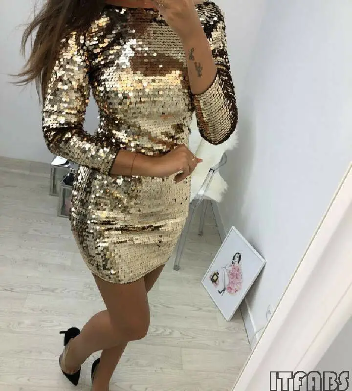 

Women Long Sleeve Short Skinny Mini Dress Summer Autumn Bling Club Party Dress