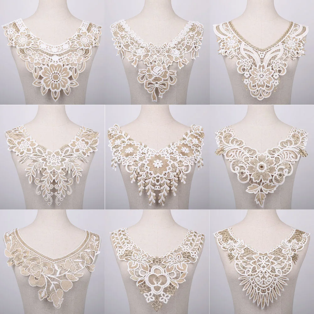 1Pc Gold White Lace Fabric Flower Lace Neckline Collar Embroidery Lace Trimming DIY Applique Sewing Lace Fabric