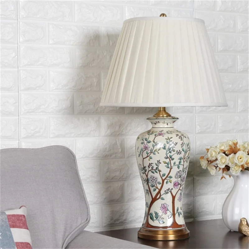 OURFENG Luxury Table Lamp Ceramic Hand Printed Copper Desk Light Fabric LED Decor for Home Foyer Dining Room Bed Room Office