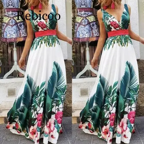 

Lady Summer Holiday Floral Beach Boho Maxi V Neck Print Dress Evening Party Sundress
