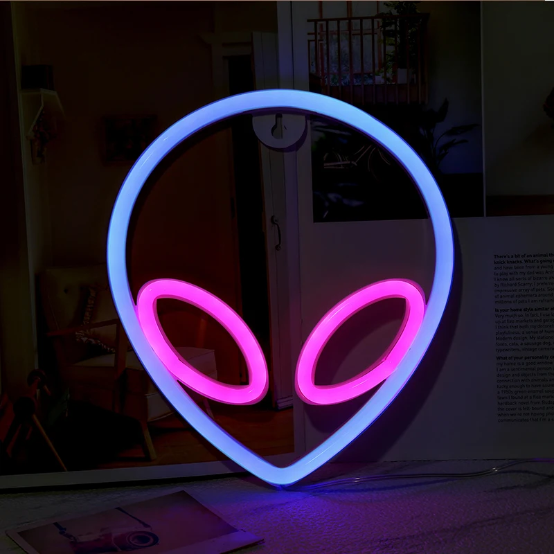 Neon Sign Alien Gezicht Vormige Muur Opknoping Verlichting Voor Thuis Kinderkamer Saucerman Led Nacht Lampen Xmas Party Vakantie art Decor