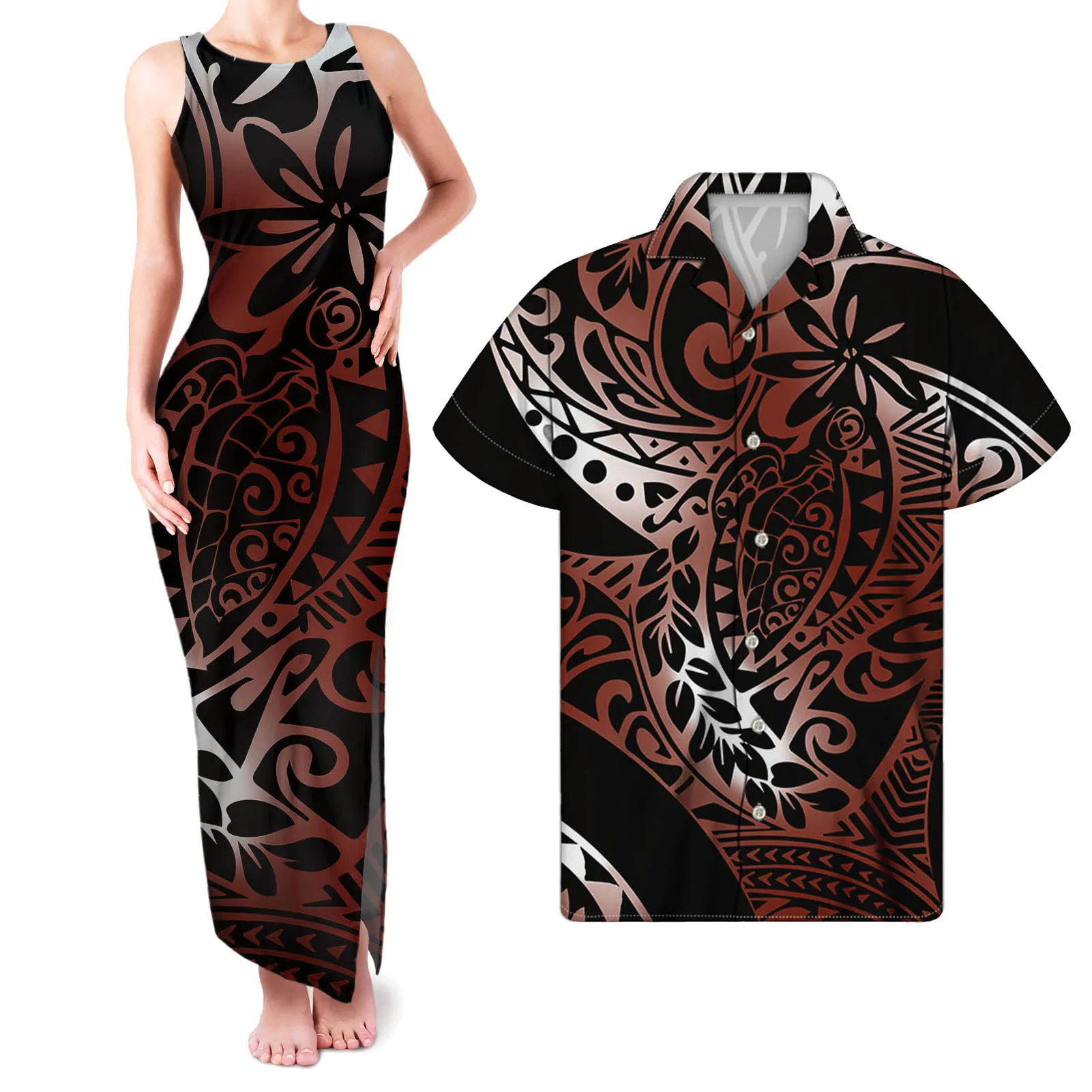 

Hycool Hawaii Flower Samoan Midi Dress Women Summer Sleeveless Party Dresses Strap Side Split Black Sexy Sexy Long Dresses