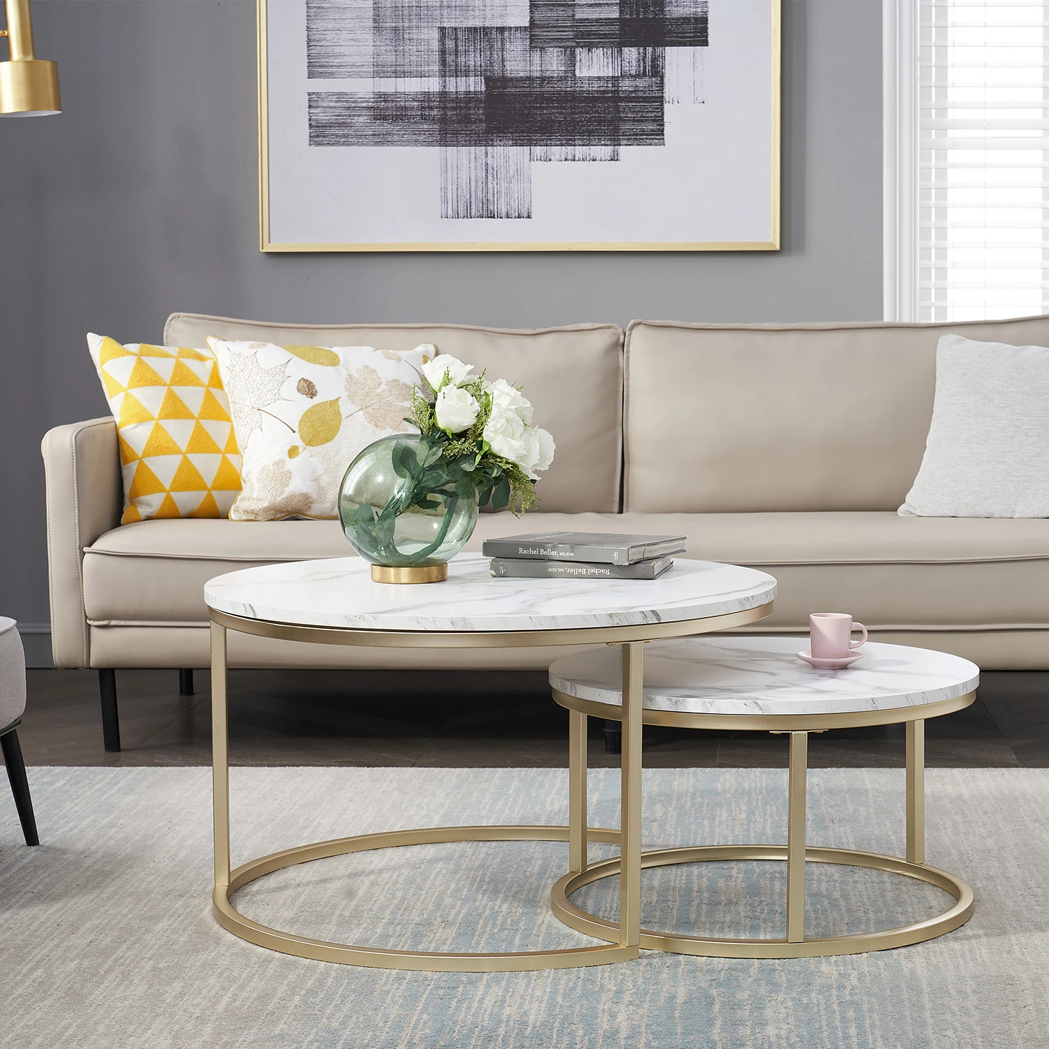 EGOONM 2 Stück moderner Couchtisch mit Marmorstruktur für Wohnzimmer, Sofa, seitlicher runder Couchtisch, 2-in-1 – Detail 8