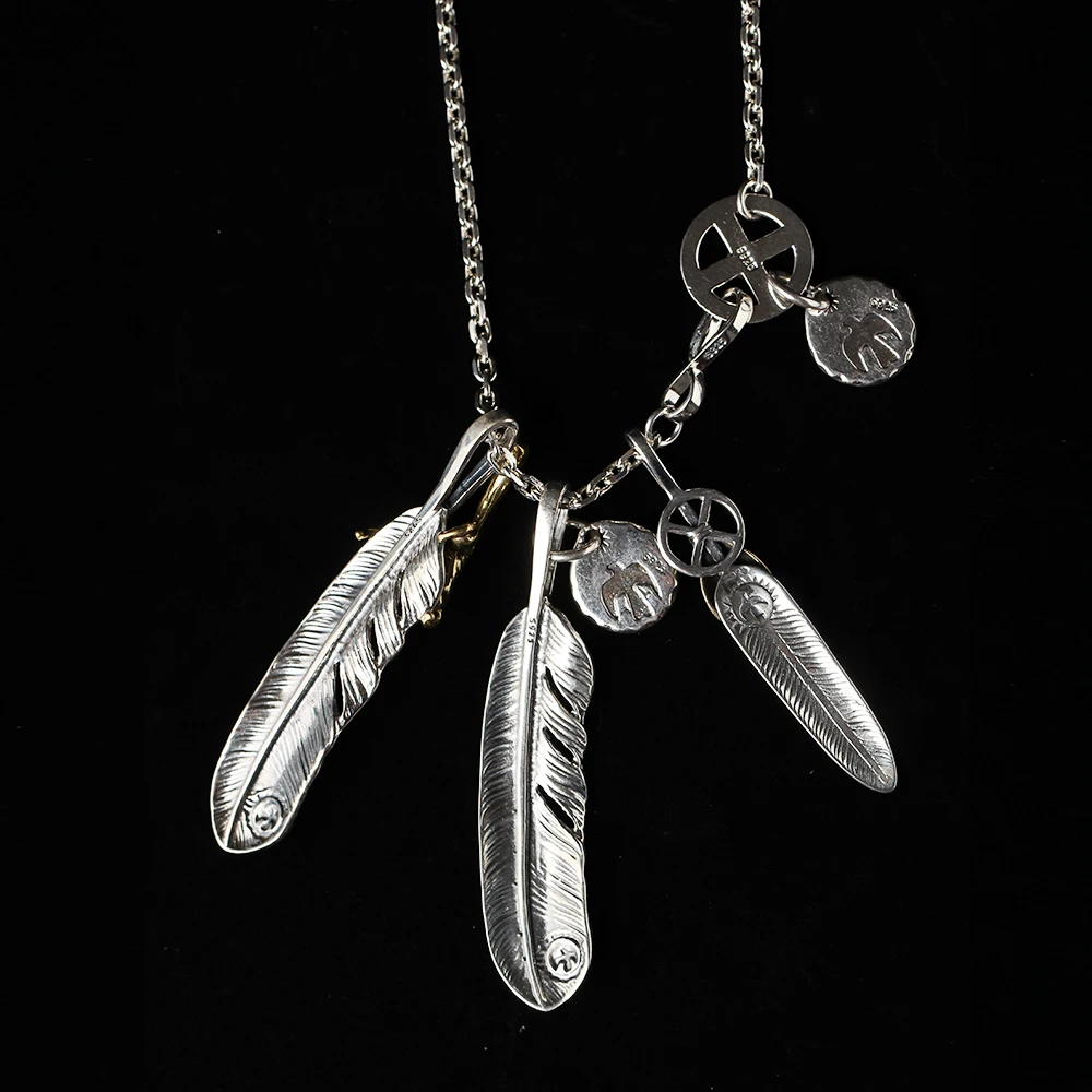 Solid 925 Sterling Silver Feather Necklace For Men Vintage Charms Takahashi Pendant Eagle Chain New Popular Jewelry GON027