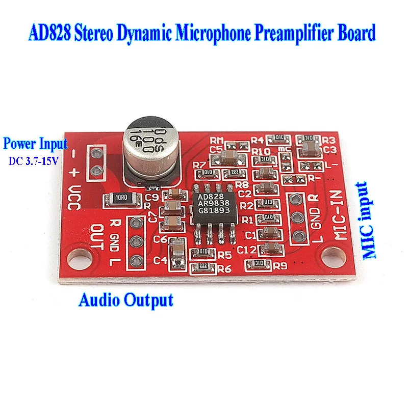 AD828 Stereo Dynamic Microphone Preamplifier Module MIC Preamp DC 3.7V-15V 12V