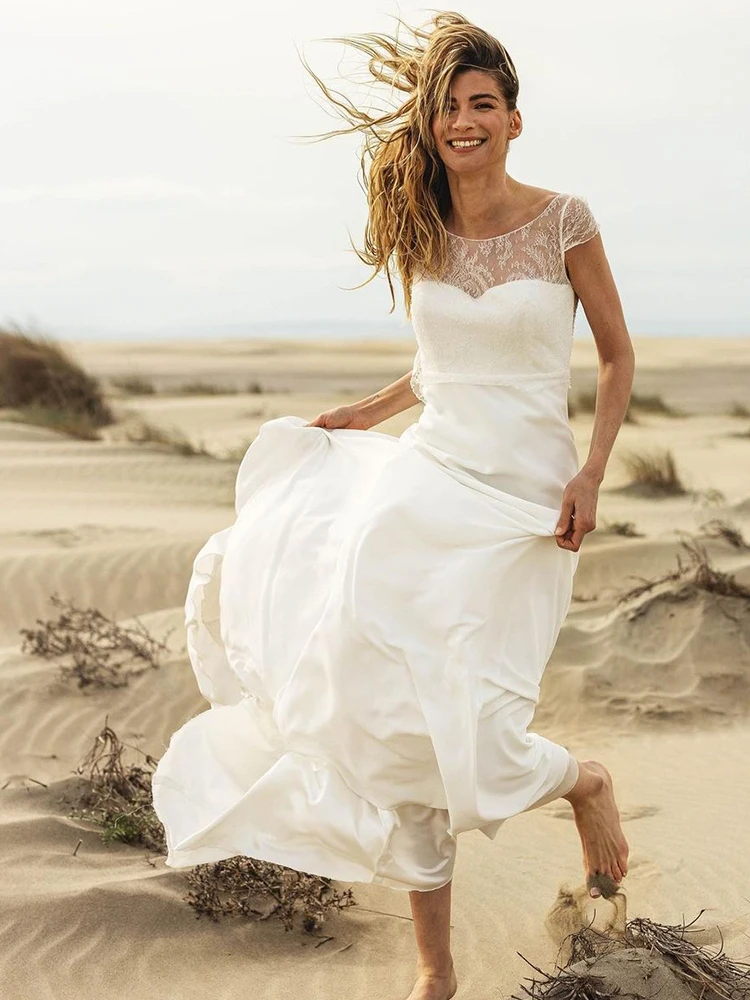 Vestidos de casamento boêmio praia simples laço vestido de noiva sem costas manga curta robe de mariee branco a line até o chão chiffon