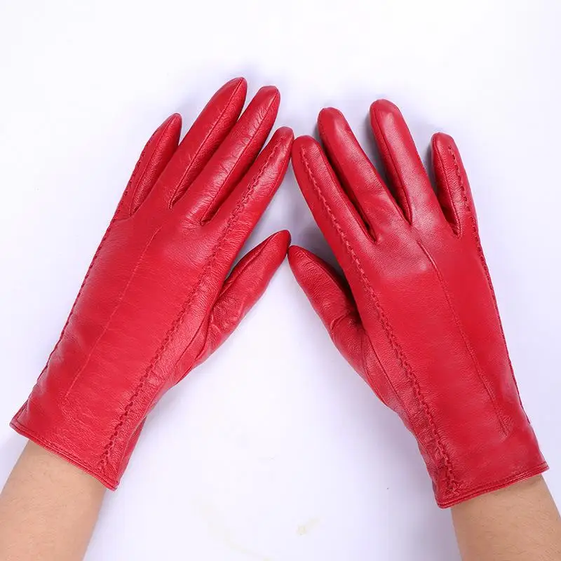 New Fashion Autumn and Winter Ladies Leather Gloves Double-Layer Warm and Windproof Cold-Proof Outdoor Cycling Driving Gloves