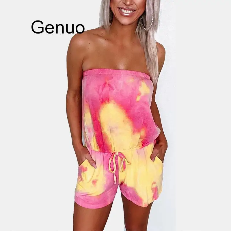 Tie-Dye Cetak Strapless 2020 Wanita Playsuit Jumpsuit Musim Panas Kasual Overall Streetwear Seksi Tanpa Lengan Rompers Pakaian Terusan Pesta