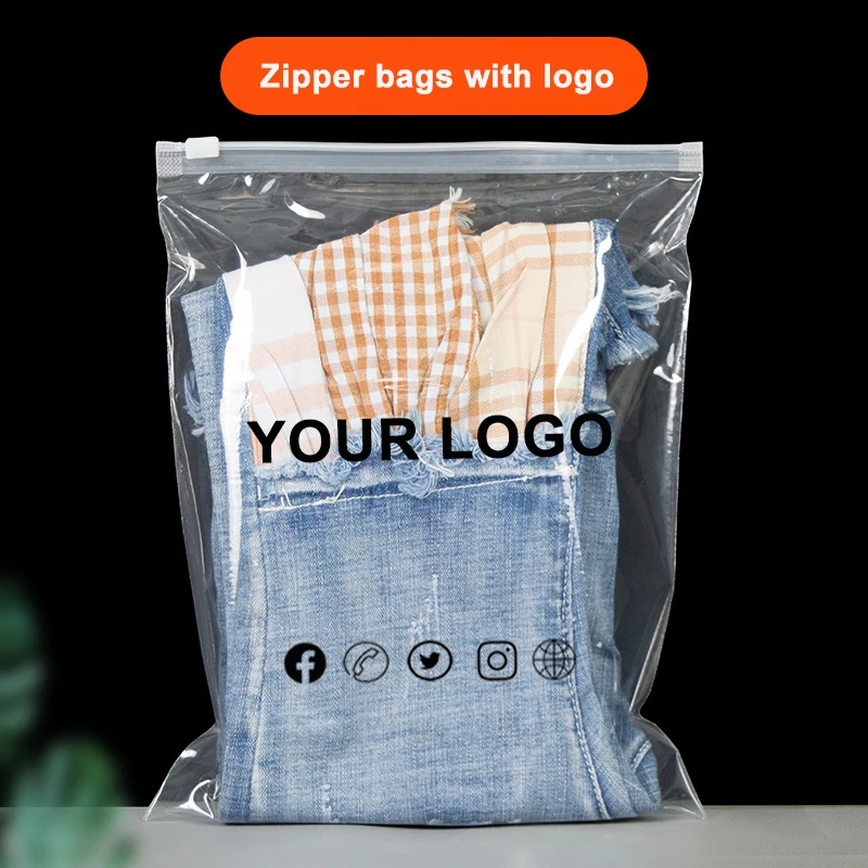 

50pcs Custom logo ziplock plastic bag for clothing clear Zipper Bags with Logo Printed for Clothing Coat Jeans Hoodies Package