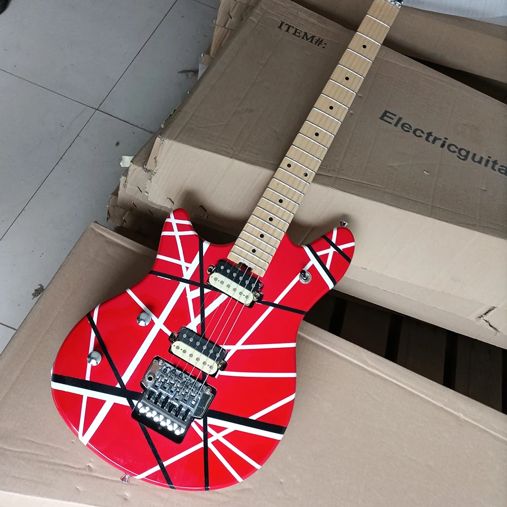 Factory Outlet-Left handed red striped electric guitar with Active Pickups,maple fretboard,customized logo/color available