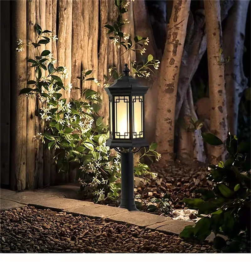 DLMH Black Lawn Lamp Outdoor Retro LED Lighting Waterproof Classical for Home Villa Path Garden Solar