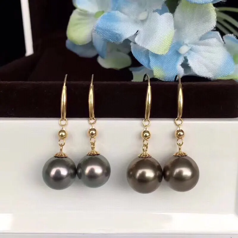 MADALENA SARARA 10mm-11mm Saltwater Pearl Women Earrings 18K Gold Long Dangle Style Natural Black Tahiti Pearl Earrings