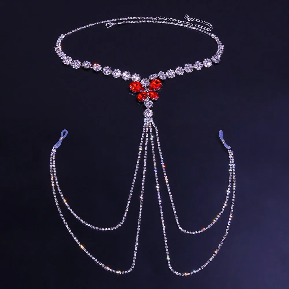 Cadena de pezón rojo con diamantes de imitación para mujer, lencería Sexy sin perforaciones, joyería corporal para mujer, collar de cadena de cristal de lujo