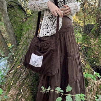 Dourbesty Fairycore Vintage Brauner Rock y2k Grunge Kawaii Langer Plissee Midirock Damen Koreanisch Harajuku Retro Mall Goth Kleider