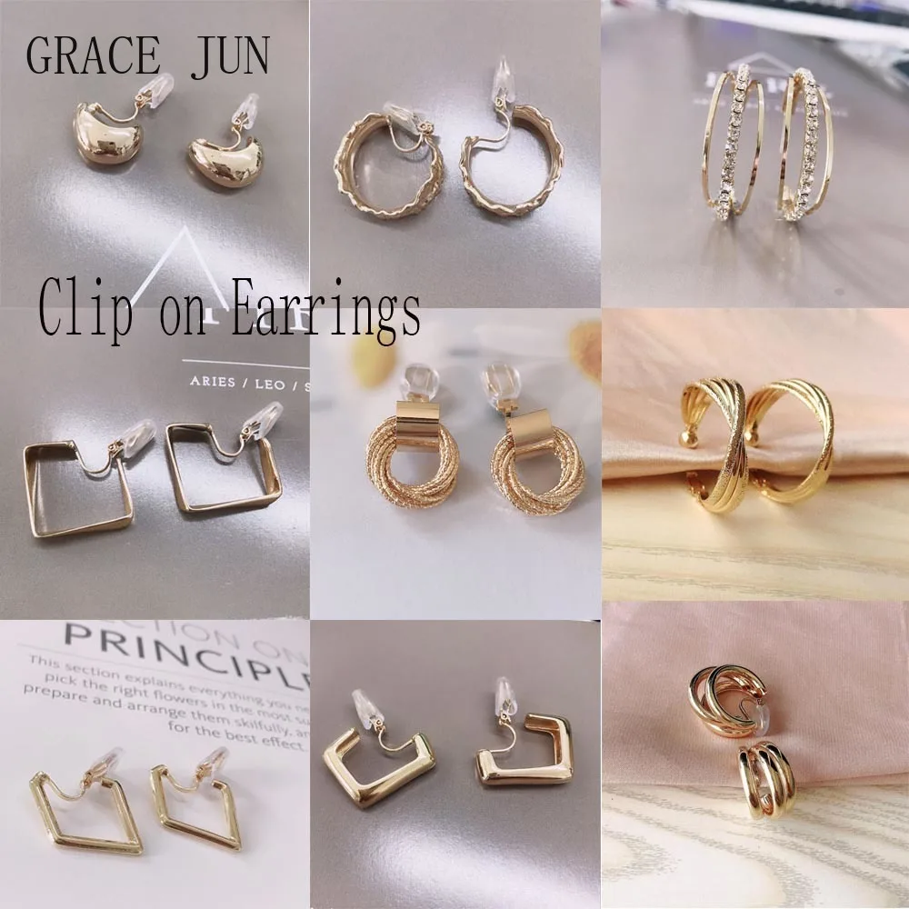 GRACE JUN-pendientes con Clip de círculo geométrico de cobre, pendientes sin perforaciones, elegante, para las orejas, regalo antialérgico, Color dorado, estilo coreano, nuevo