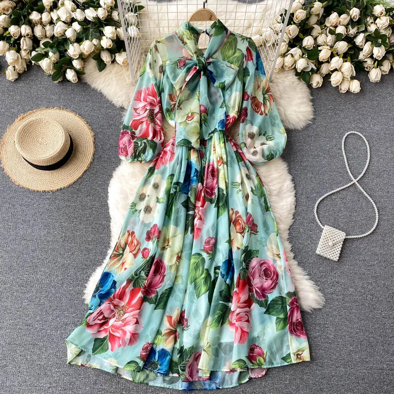 Elegant Women\'s Summer Floral Chiffon Green Dress Ladies Long Sleeve Bowknot Mixi Dress Robe Plus Size Female Vestidos