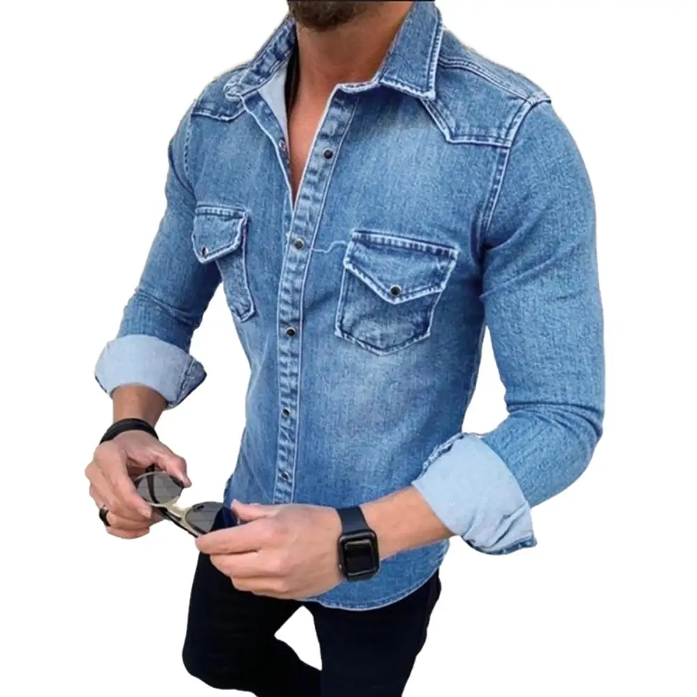 Spring Autumn Mens Jeans Shirt Long Sleeve Denim Shirts for Men Soft Cotton Two Pockets Slim Elastic Denim Shirts chemise homme