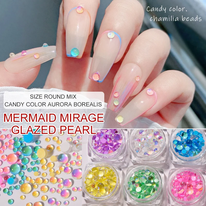 Gemischte Größe Bonbon farben Meerjungfrau runde Glas Kristall perlen ab 3d Nail Art Strass DIY Flatback Acryl Steine Nagel dekoration