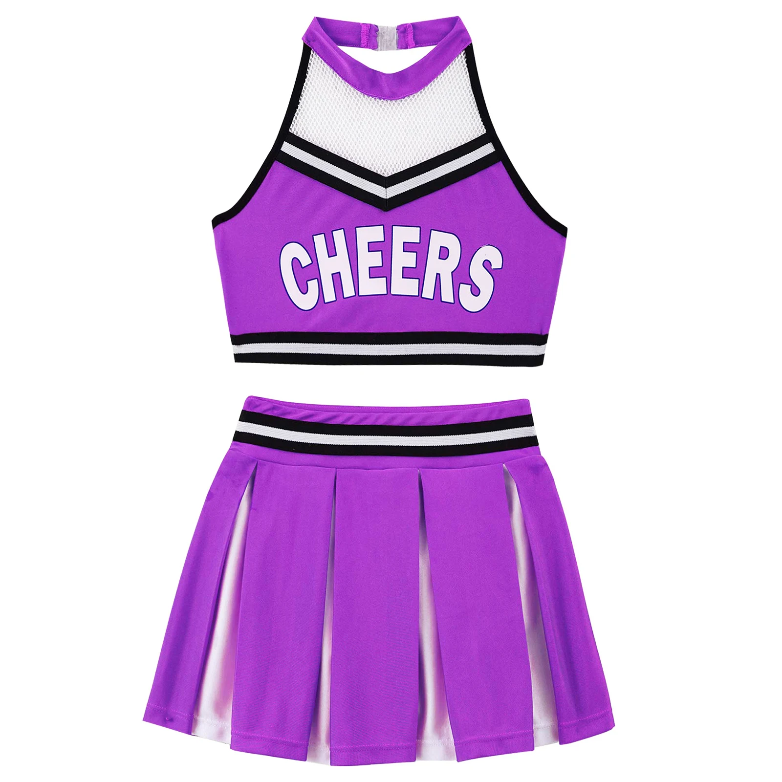 Kids Girls Cheerleader Uniform Dance Costumes Halter Mesh Patchwork Cheers Print Crop Top with Pleated Skirt and Pompoms Sets