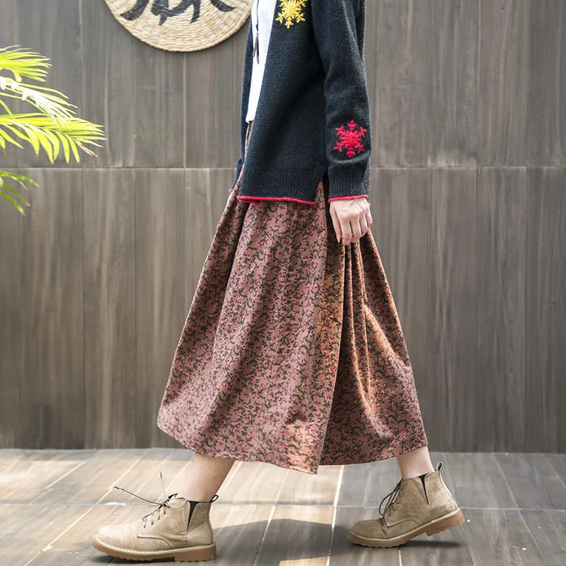 Spring Autumn Arts Style Elastic Waist Cotton Linen A-line Long Skirt Women Loose Casual Vintage Floral Skirt high quality S364