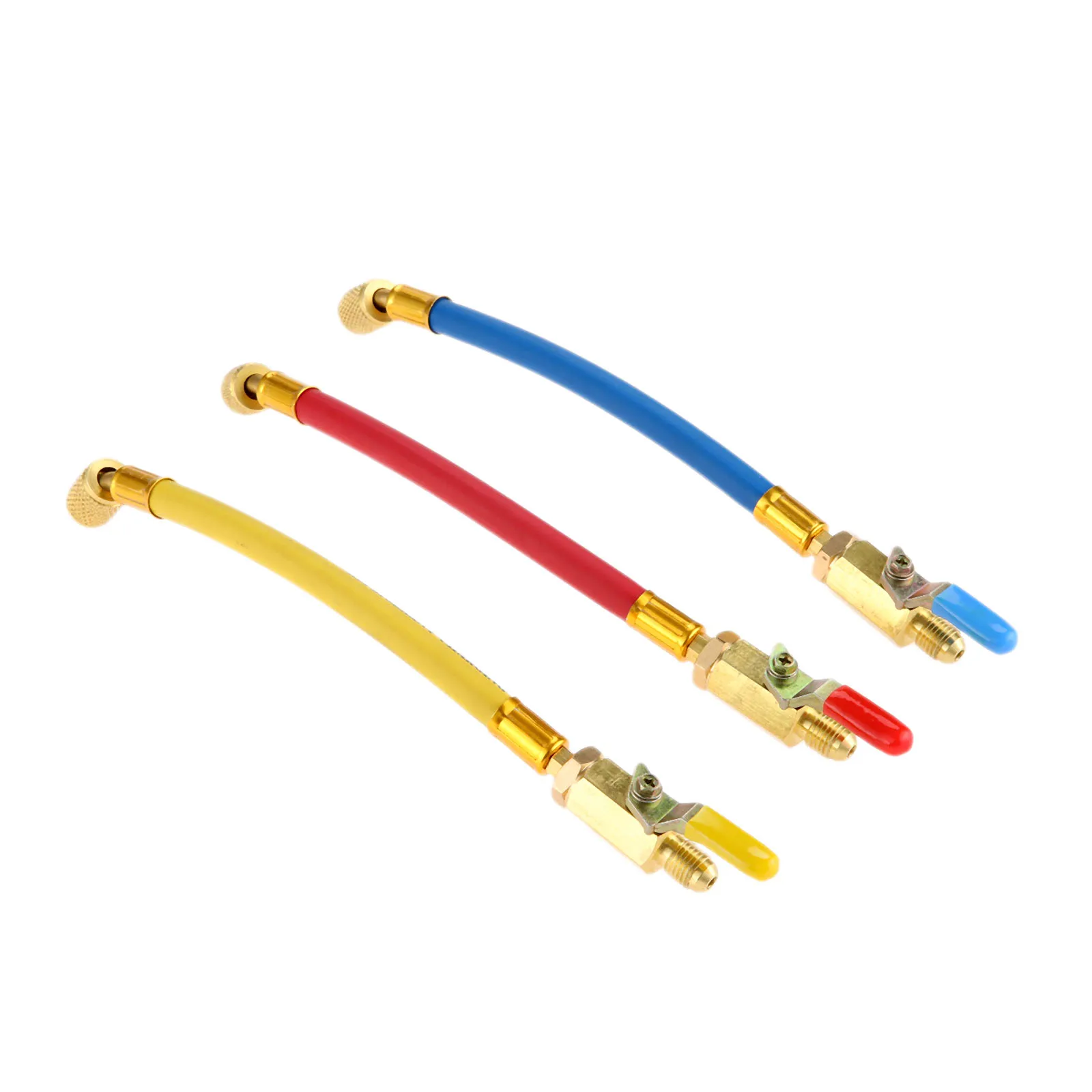 

3Pcs 9.8" R134A R410A Refrigerant AC Charging Hoses 45 degrees angled connector and Manual Shut-off Valve 1/4" male and female