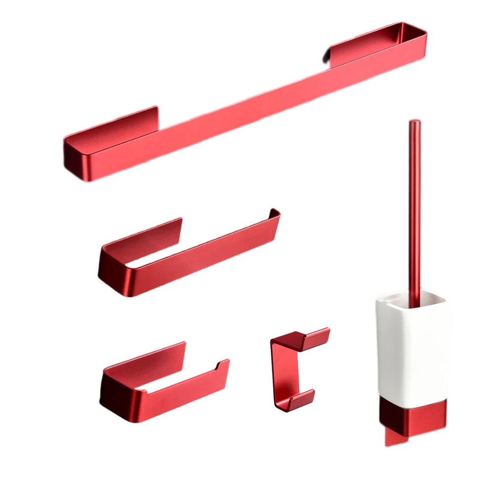 Aluminum Bathroom Accessories Sets 3M Tape Toilet Brush Holder Ceramic Toilet Roll Paper Holder Red Robe Hook Towel Holder