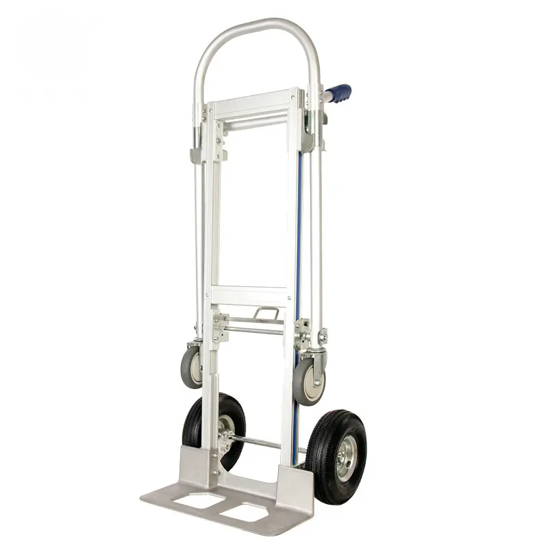 Aluminum Alloy Folding Shopping Cart with Rubber Wheels, Silver Color Lifting Trolley for Cargo Handling Can Load 660LBS