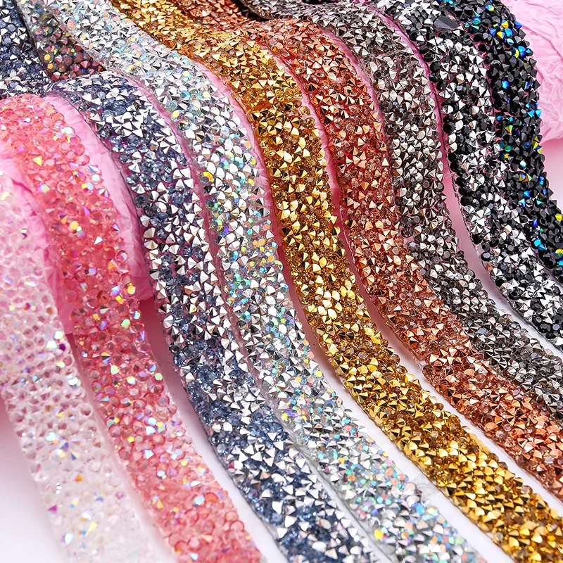 Rhinestones Tape Trim Hot Fix Strass Crystal Sewing Ribbon Appliques DIY Rhinestone For Decorations Trim Garment Accessories