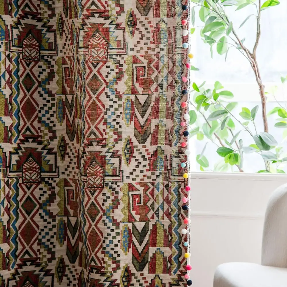 Cotton Curtain Panel with Tassels for Living Room Bedroom Window Door Home Decoration Bohemian Badge Design 80% Blackout