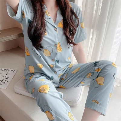 Pyjamas women short sleeve long pant summer sleepwear pajamas set cute cartoon pijamas suit new home clothes 15 styles