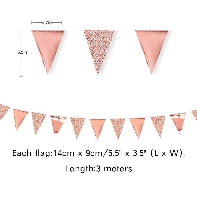 3M Rose Gold Paper Bunting Triangles Flags Marriage Garlands Wedding Banners Graduation Baby Shower Birthday Party Hanging Decor