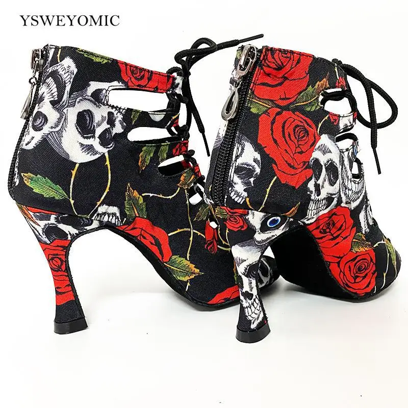 2021 Spring Summer Style Salsa Bachata Dance Shoes Girls Halloween Skull Latin Dance Boot 9cm Heel Women Latin Dance Shoes