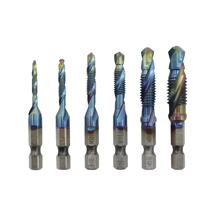 Three-in-one Spiral Drill Hole Tapping Chamfering High Speed Steel Blue Tap Drill Bit M3 M4 M5 M6 M8 M10 Hex Shank Compound Taps