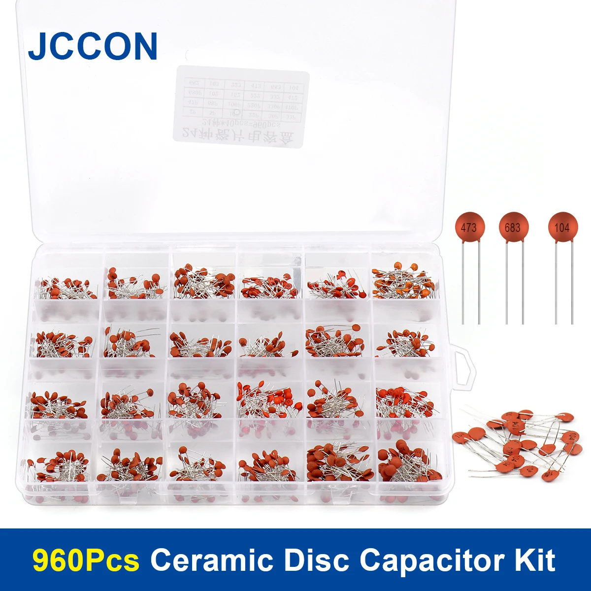 960Pcs High Voltage Ceramic Disc Capacitor Assorted Kit 24Values x 40Pcs=960Pcs (2pF-0.1uF ) with Storage Box 2P 5P 10P 22P