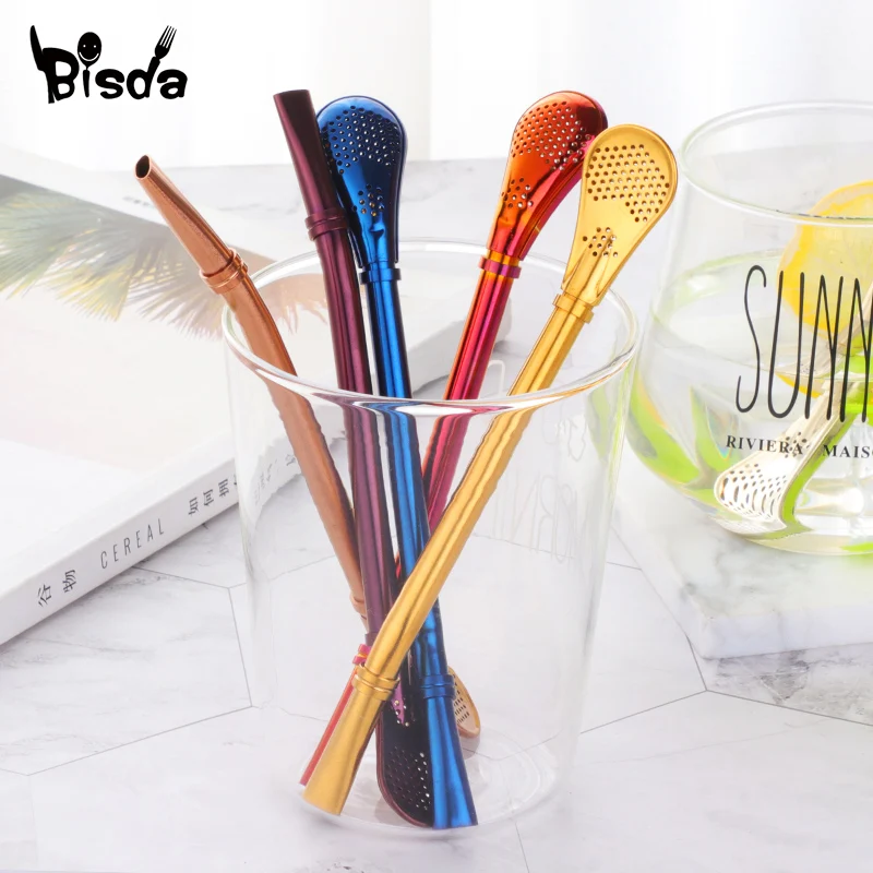 2Pcs Filter Straw Spoon Eco-Friendly Stainless Steel Drinking Straws Tea Strainer Cocktail Shaker Coffee Bar Filtered Spoons
