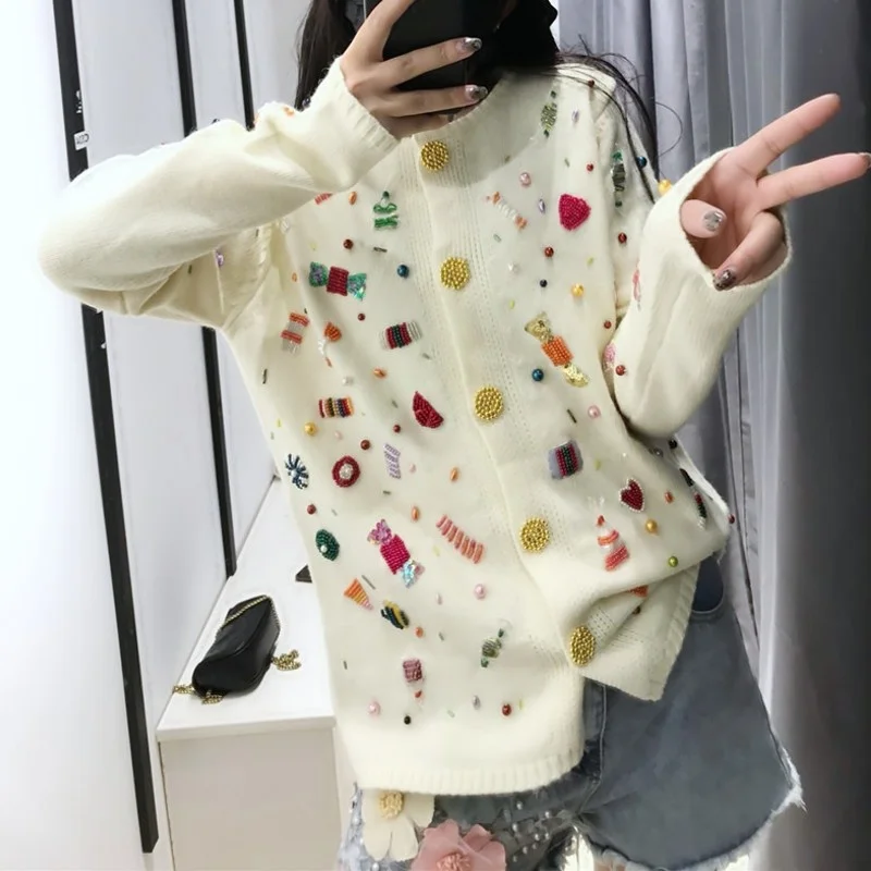 Cardigan Sweater Women Autumn Winter New Luxury Handmade Beading Round Neck Single-Breasted Female Casual Knitting Jackets