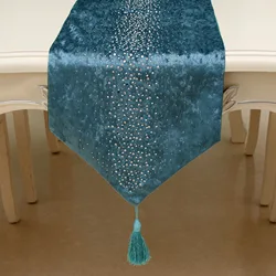 European Style Luxury Diamonds Decorative Blue Table Runner With Tassel Polyester Plush Teal Blue Tablerunner Wedding Home Decor